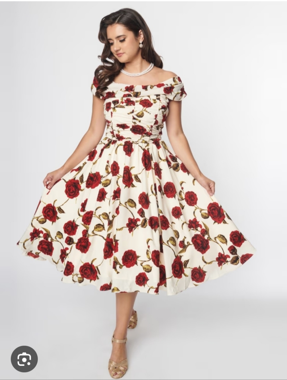 Unique Vintage White & Red Roses Off The Shoulder Tea Dress
